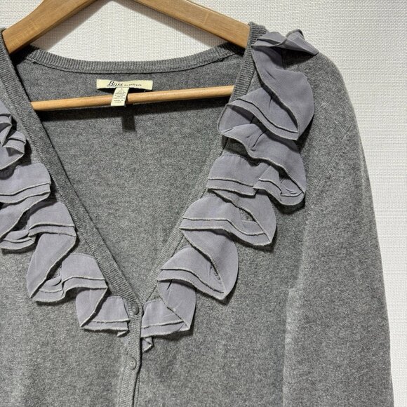 GH Bass & Co Cardigan Sweater Womens Large Gray Button V Neck Ruffle Preppycore - Picture 4 of 10